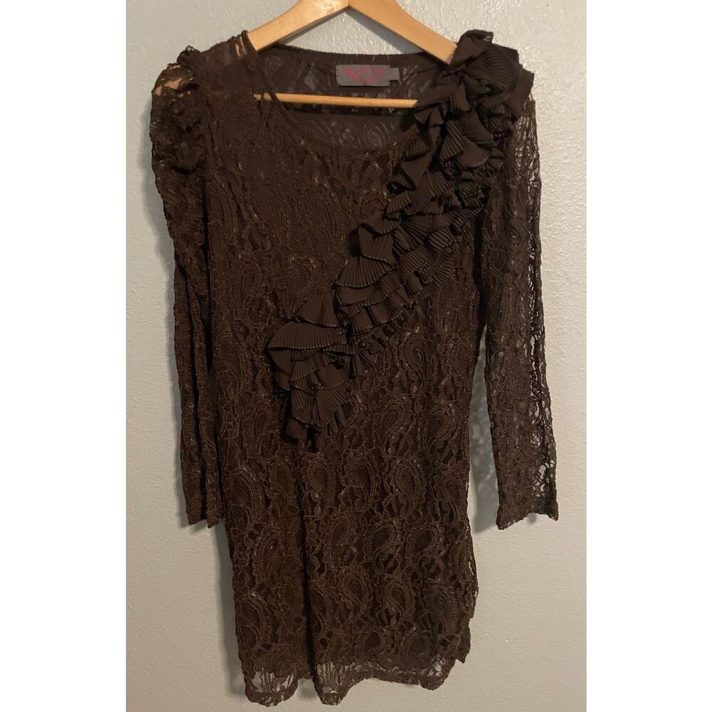 My Pretty Angel Tunic Womens Large Brown Lace Paisley Ruffle Sheer Fairy Boho